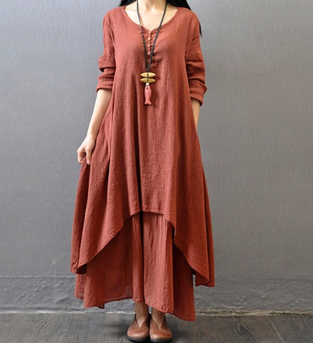V-Neck Retro Linen-Cotton Dress-HighTouch