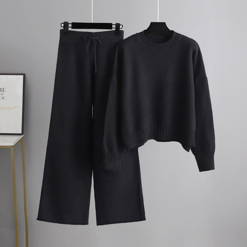 Women’s Knitted Wide-Leg Pants Set – Casual Two-Piece Knit Outfit-HighTouch