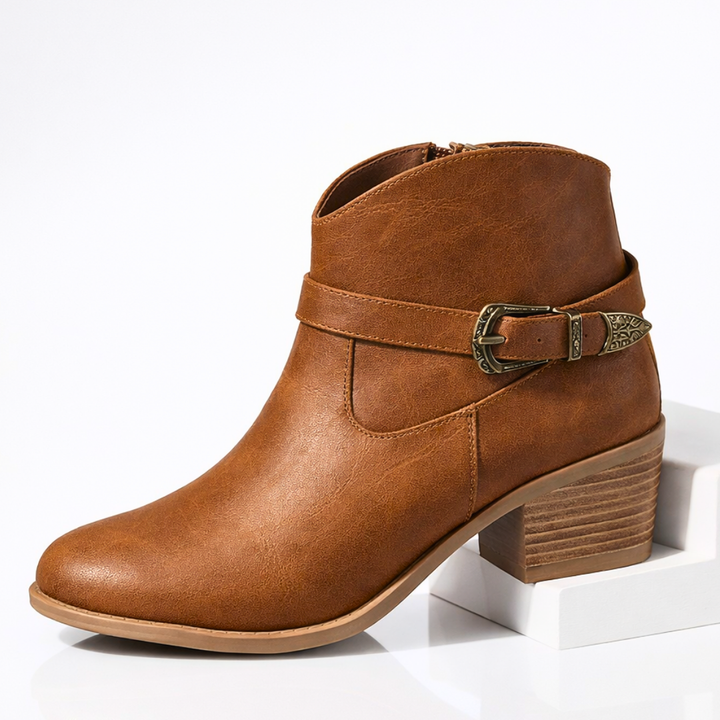 Women's Leather Ankle Boots – Cushioned Western Block Heel