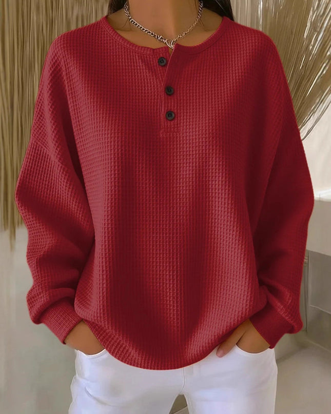 Waffle Knit Long Sleeve Button Top