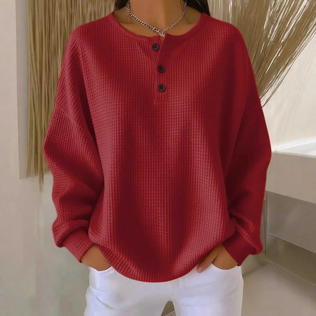 Waffle Knit Long Sleeve Button Top
