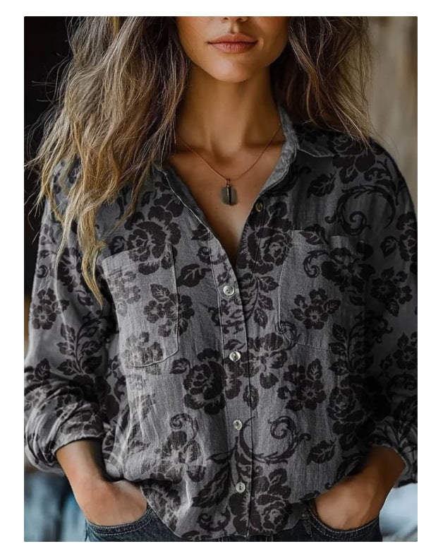 Women’s Blouse | Printed V-Neck Long Sleeve-HighTouch
