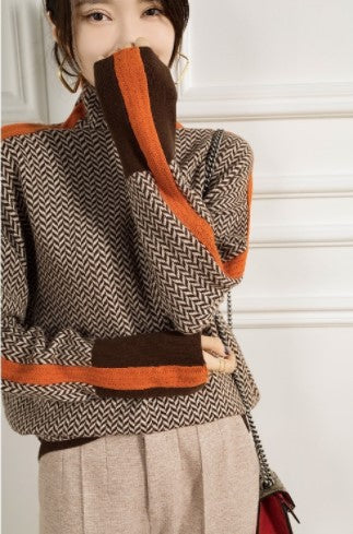 Women’s Contrast‑Sleeve Wool‑Like Turtleneck Sweater-HighTouch