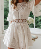 Lace Patchwork Cotton Dress | Hook Flower Hollow Princess Midi Dress-HighTouch
