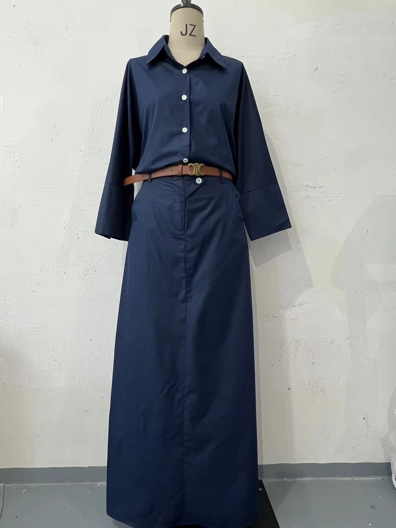 Casual Polo Collar Loose Top Maxi Skirt Suit-HighTouch