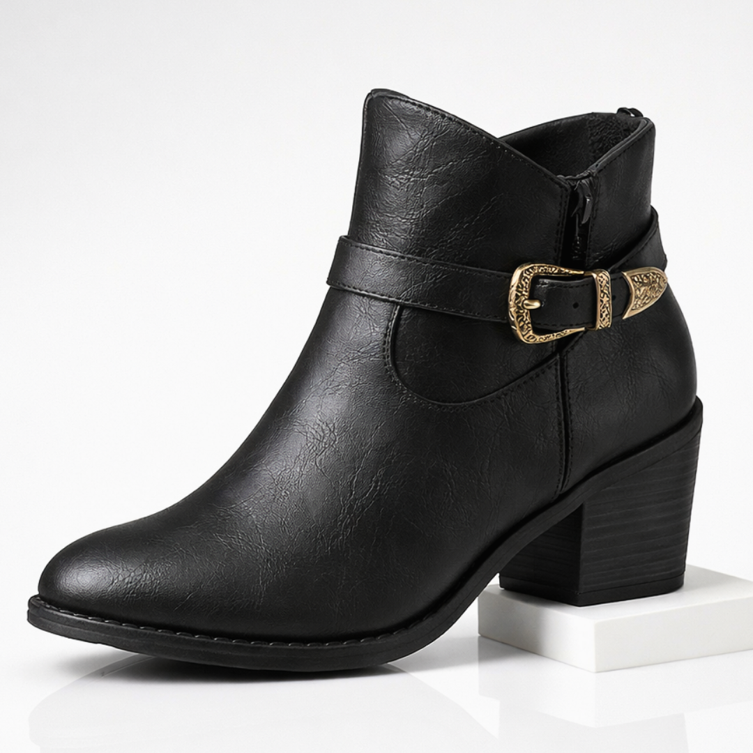 Women's Leather Ankle Boots – Cushioned Western Block Heel