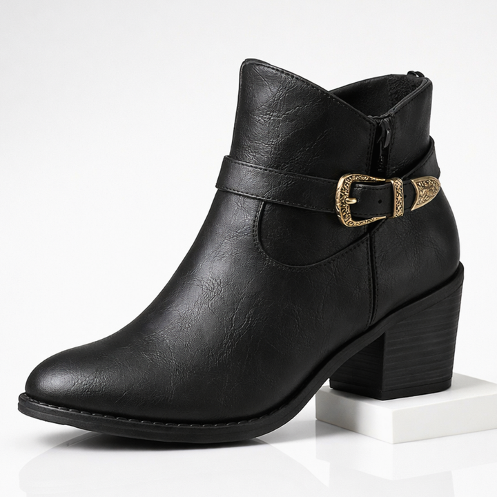 Women's Leather Ankle Boots – Cushioned Western Block Heel