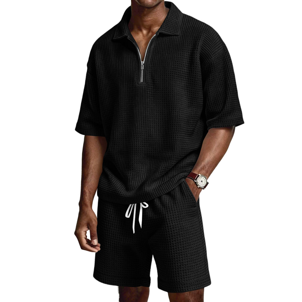 Men's Zip-Up Short-Sleeve Shorts Set-HighTouch