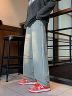 Men’s Washed Wide Leg Jeans Plus Size-HighTouch