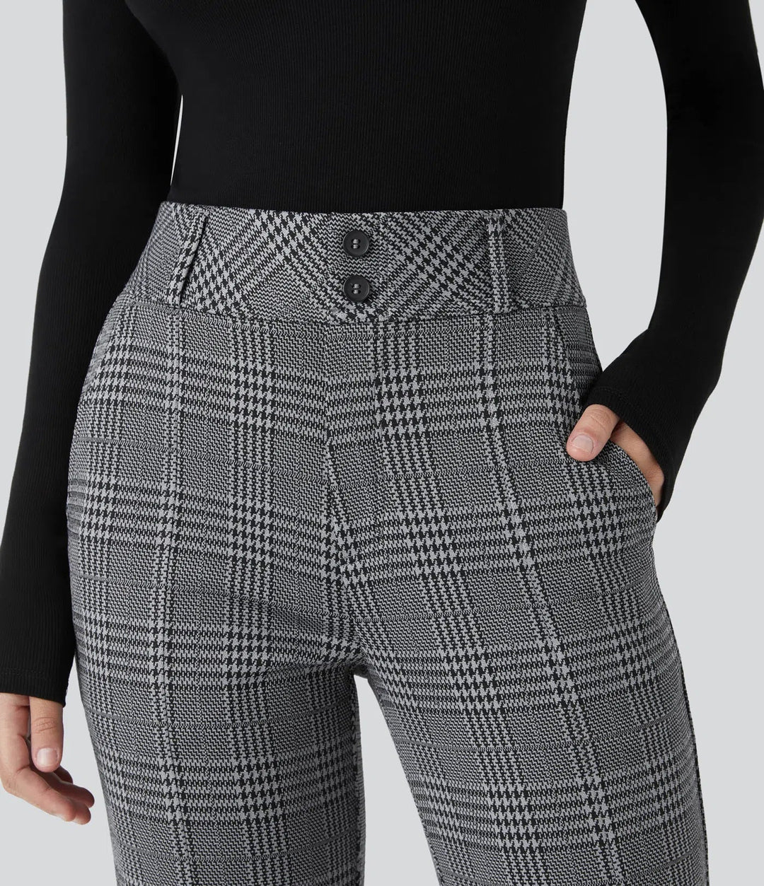Houndstooth Plaid Flare Pants Women High Waisted Work Trousers