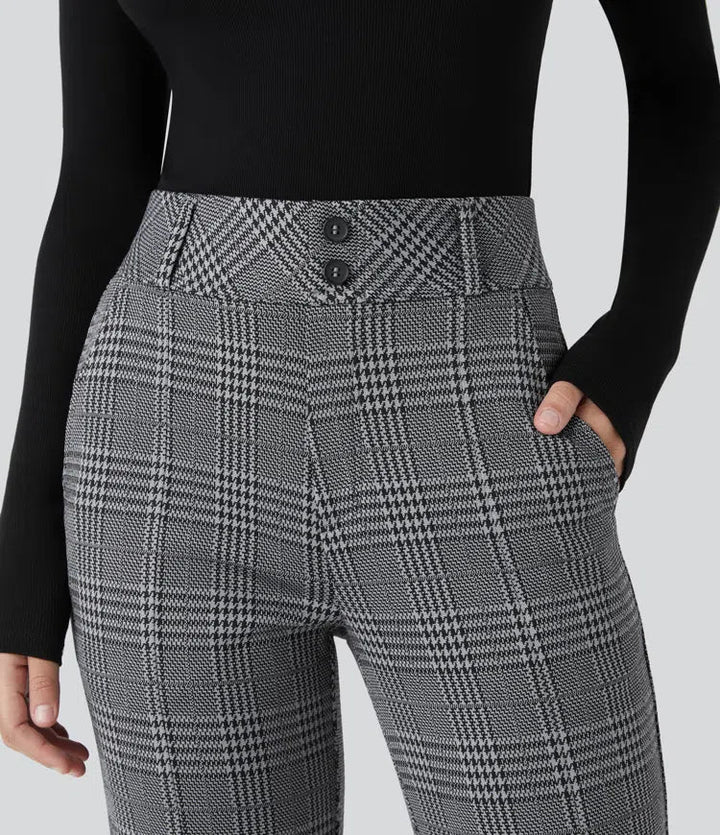 Houndstooth Plaid Flare Pants Women High Waisted Work Trousers