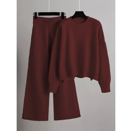 Women’s Knitted Wide-Leg Pants Set – Casual Two-Piece Knit Outfit