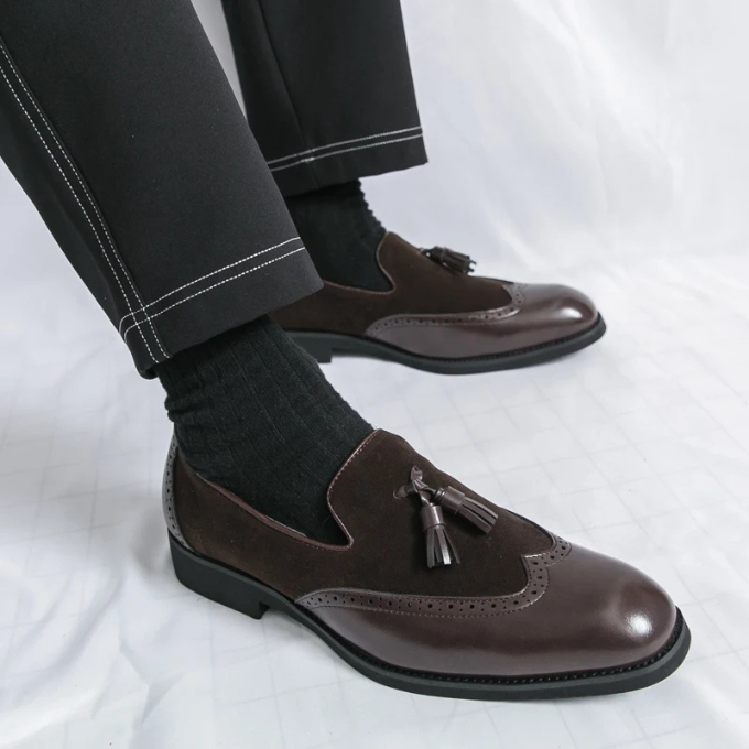 Men's Leather Tassel Loafers with Suede Panels