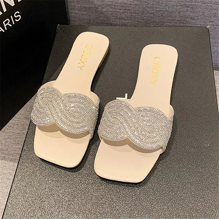 Women's Shiny Rhinestone Flat Sandals – Big Size 35-42 Glitter Slip-On Slides-HighTouch