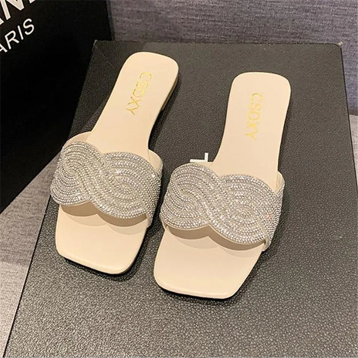 Women's Shiny Rhinestone Flat Sandals – Big Size 35-42 Glitter Slip-On Slides-HighTouch
