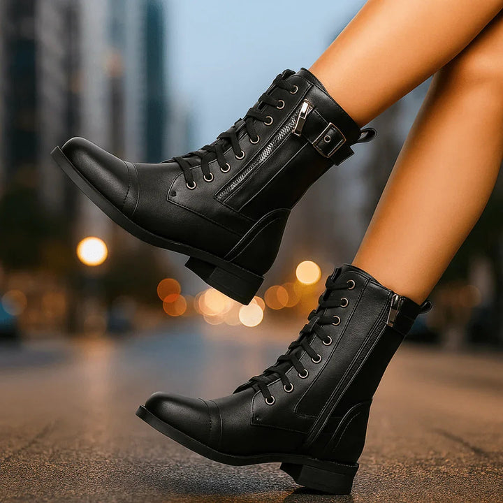 Women's Mid-Calf Lace-Up Boots – Buckle & Zip