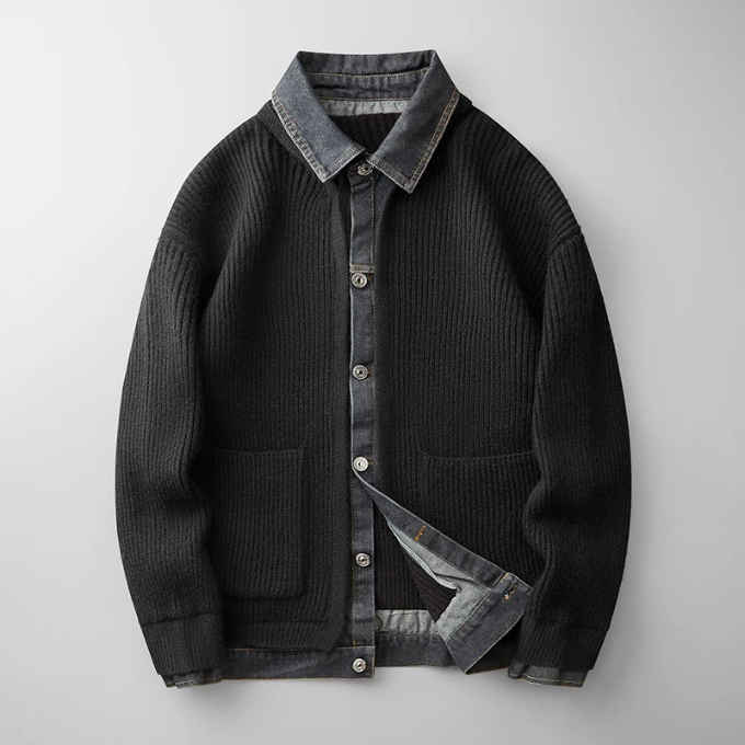 Men's Wool Knit Sweater with Denim Trim – Relaxed Fit