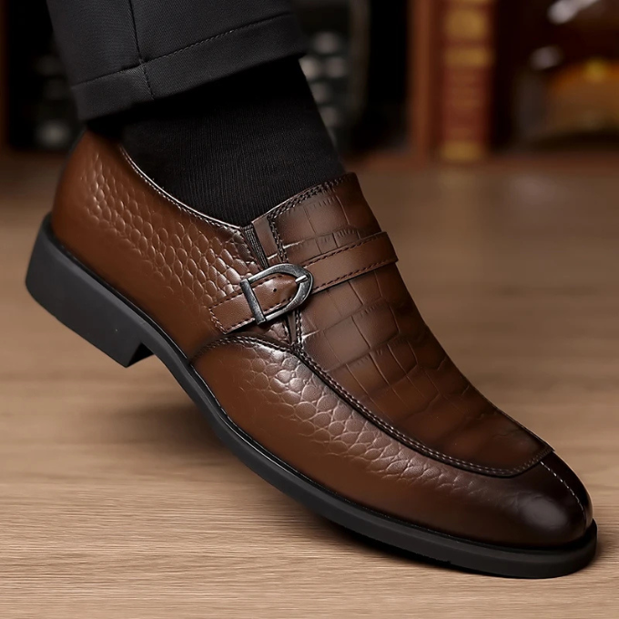 Men’s Leather Monk Strap Shoes – Croc Textured Style