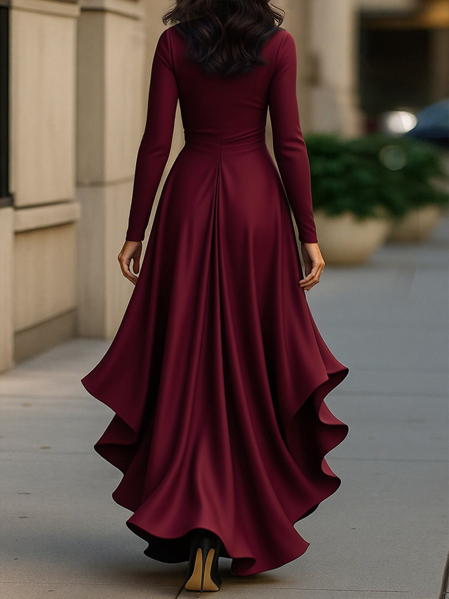 Mirabelles | Pleated Satin Maxi Dress With Ruffle Details