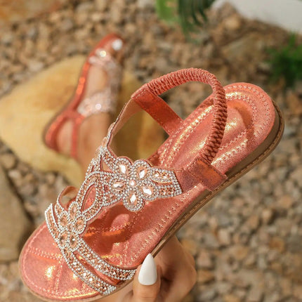 Bohemian Rhinestone Flat Sandals – Comfortable Summer T-Strap for Women