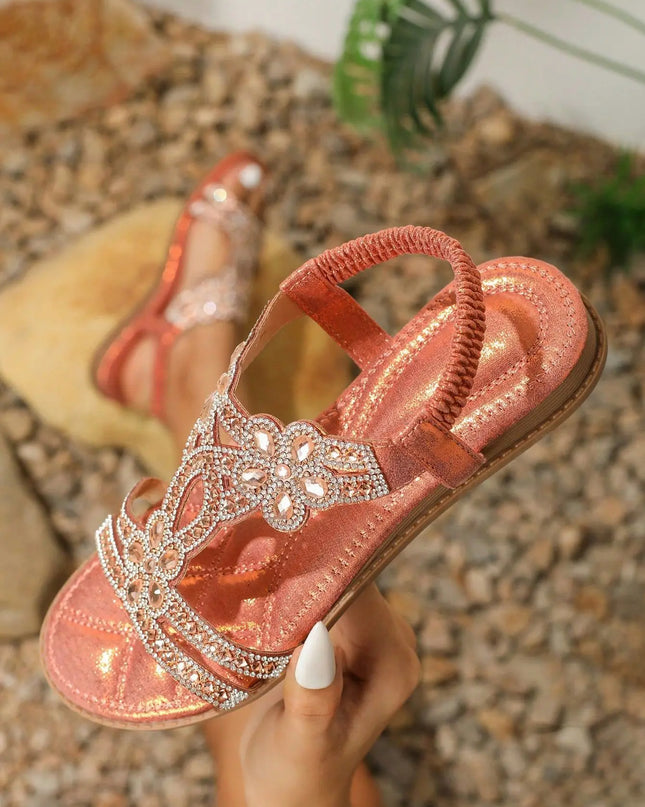 Bohemian Rhinestone Flat Sandals – Comfortable Summer T-Strap for Women