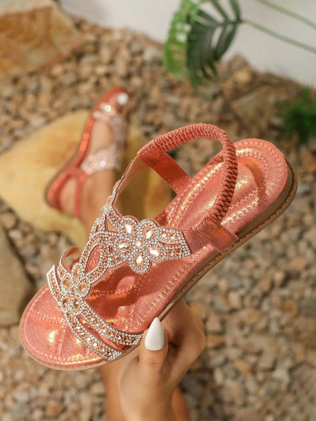 Bohemian Rhinestone Flat Sandals – Comfortable Summer T-Strap for Women-HighTouch