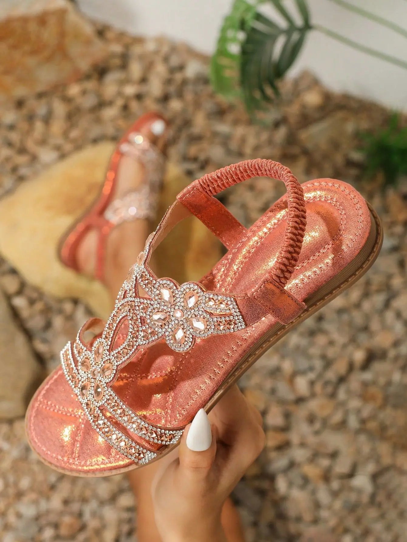 Bohemian Rhinestone Flat Sandals – Comfortable Summer T-Strap for Women