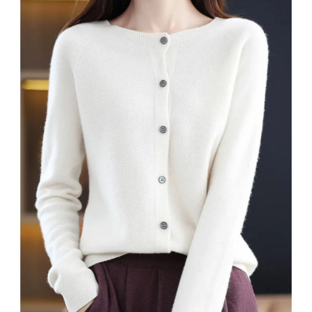 Wool -Blend O-Neck Cardigan Sweater-HighTouch