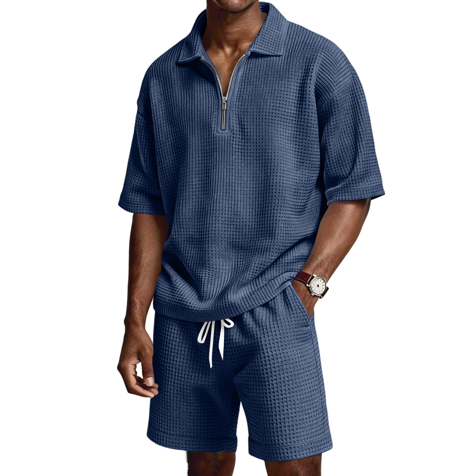 Men's Zip-Up Short-Sleeve Shorts Set-HighTouch