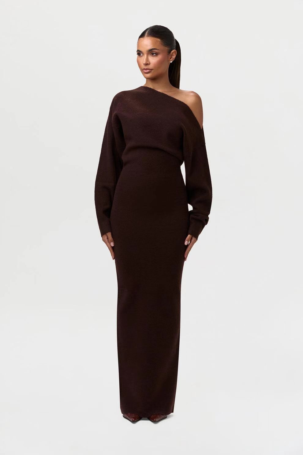 Off‑Shoulder Knitted Bodycon Dress-HighTouch