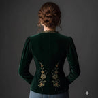 Women's V-Neck Retro Black Velvet Shirt with Puffed Sleeves-HighTouch