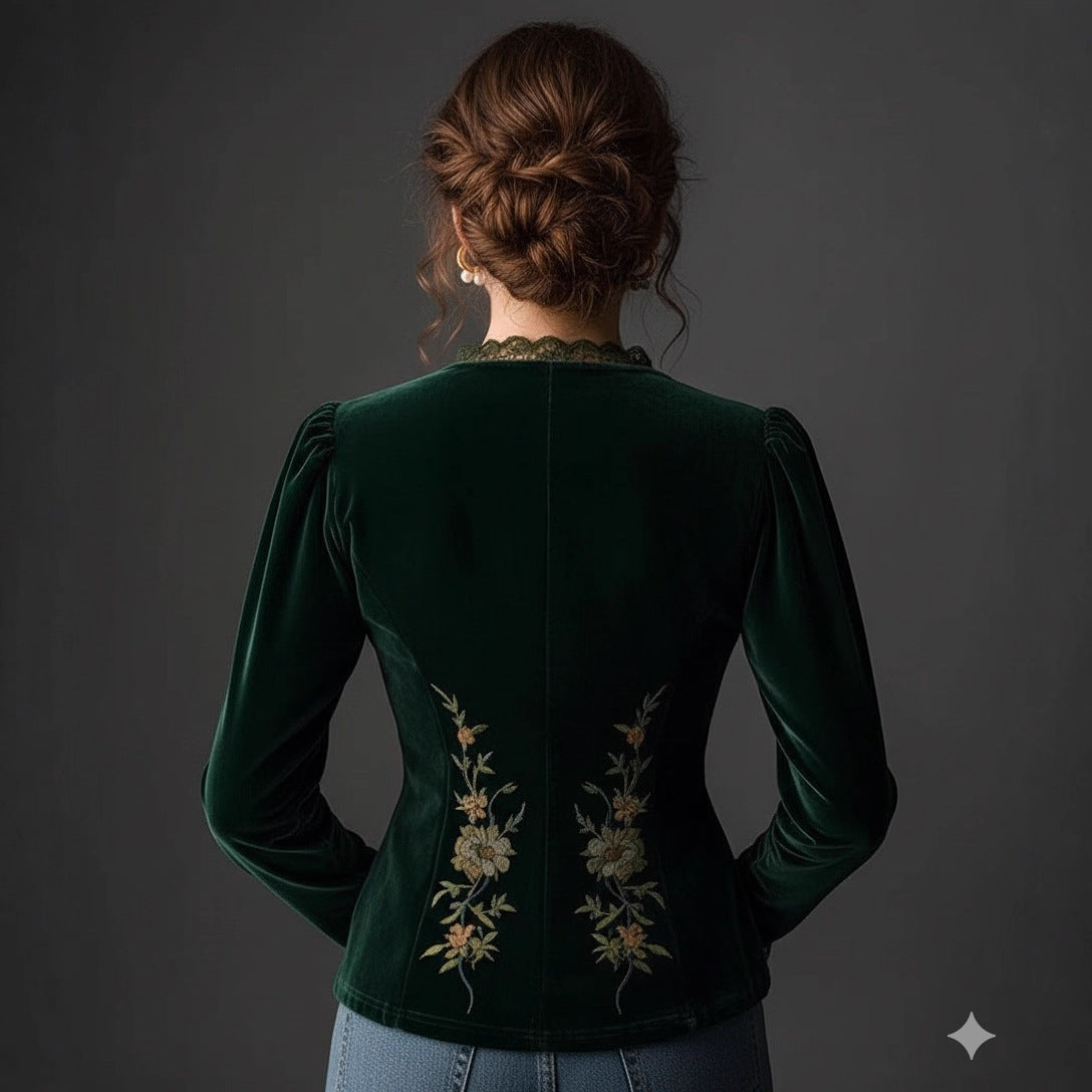 Women's V-Neck Retro Black Velvet Shirt with Puffed Sleeves