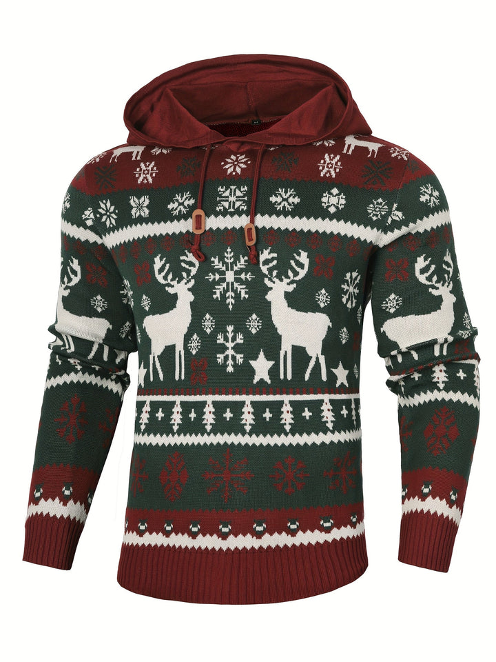 Women's Hooded Christmas Sweater with Reindeer and Snowflake Pattern