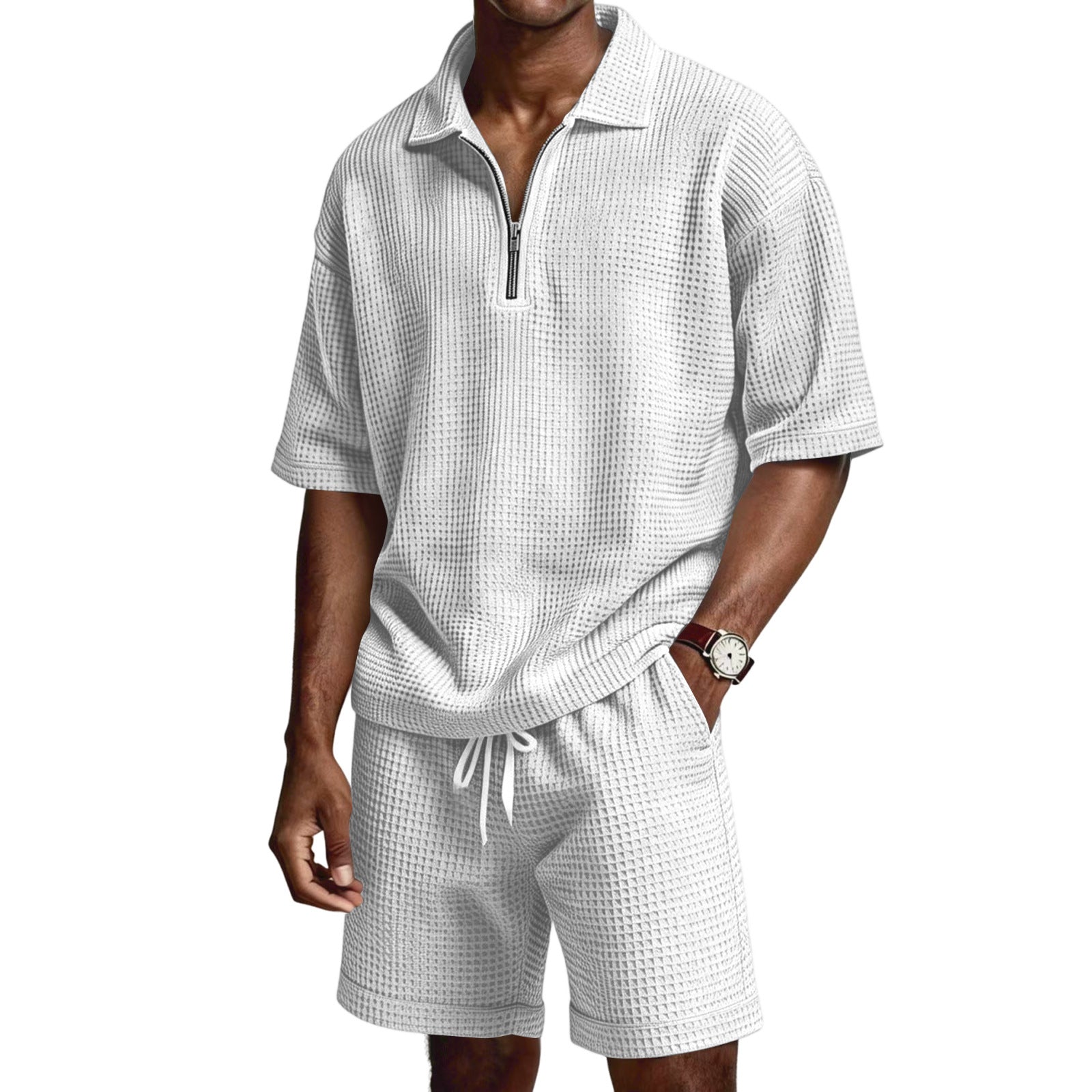Men's Zip-Up Short-Sleeve Shorts Set-HighTouch