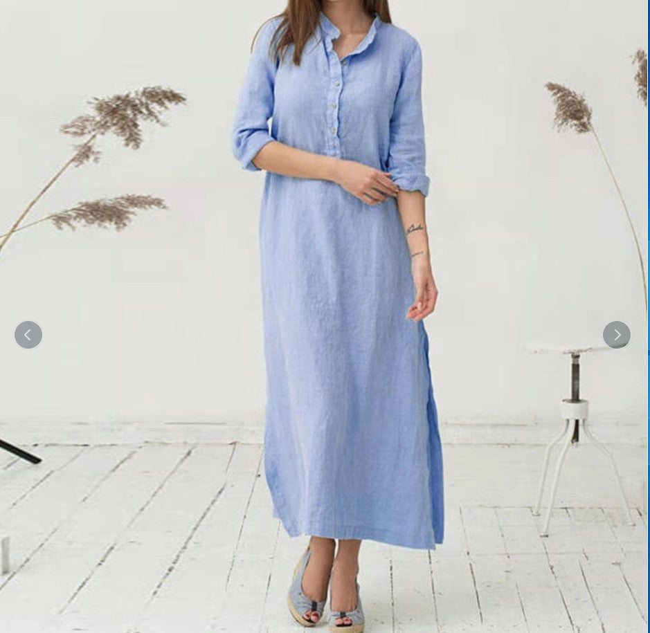 Linen Cotton Long Loose Waist Dress-HighTouch