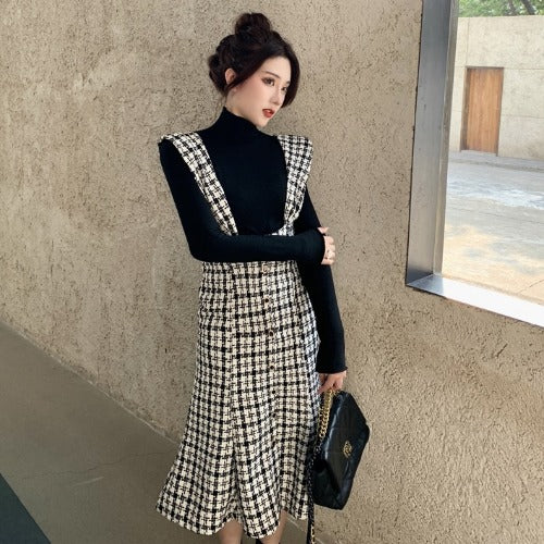 Women's French Retro Plaid Dress – Elegant Commuter Square Collar Style-HighTouch