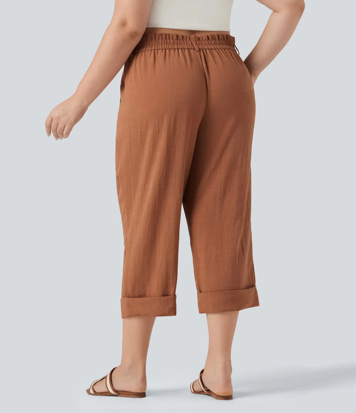 Capri Pants Women Plus Size Linen Feel Resort Trousers Pockets