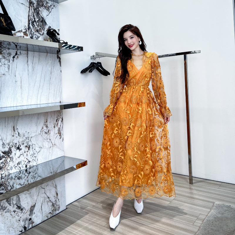 Gently Breezy Mesh Lace Embroidered Maxi Dress-HighTouch