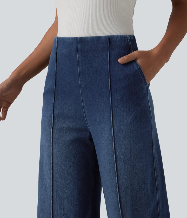 Wide Leg Work Jeans Women High Waisted Dark Denim Pockets