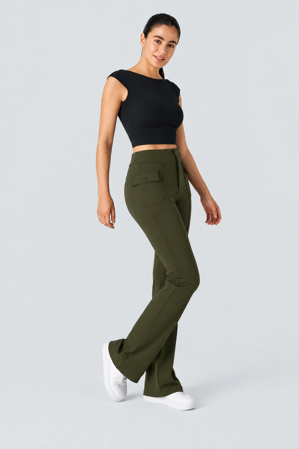 Cargo Pants Women High Waisted Flare Leg Flap Pocket Trousers