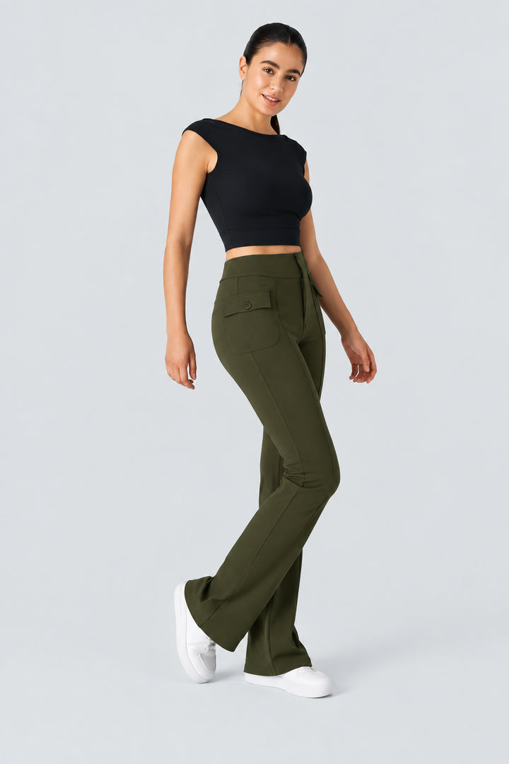 Cargo Pants Women High Waisted Flare Leg Flap Pocket Trousers