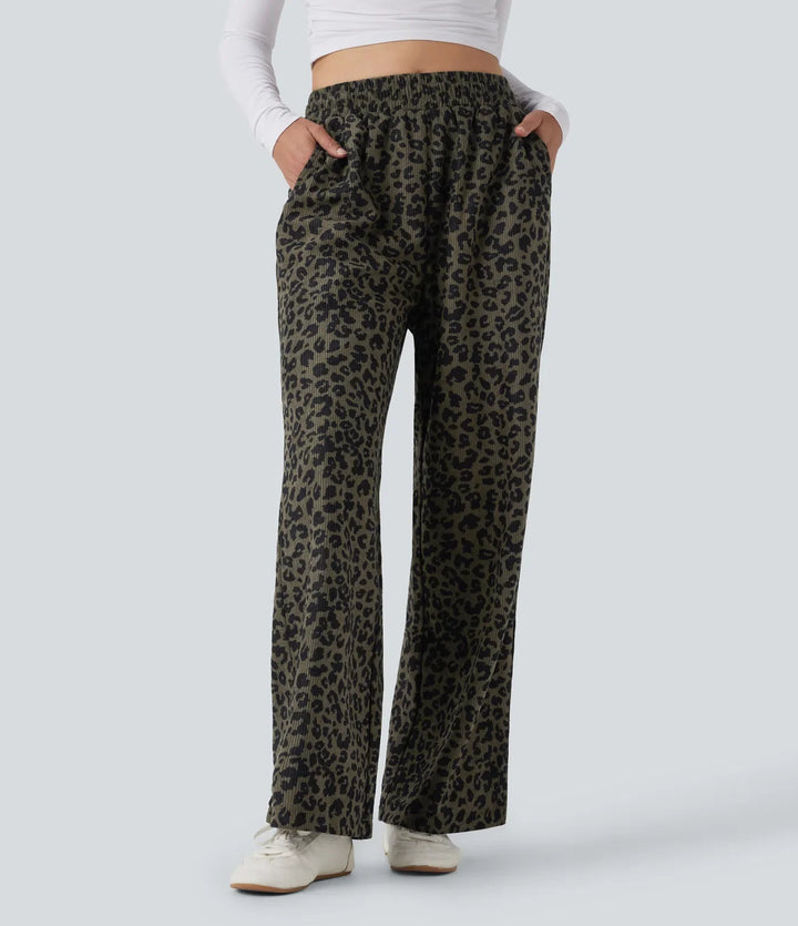 Leopard Print Pants Women Corduroy Baggy Wide Leg Trousers