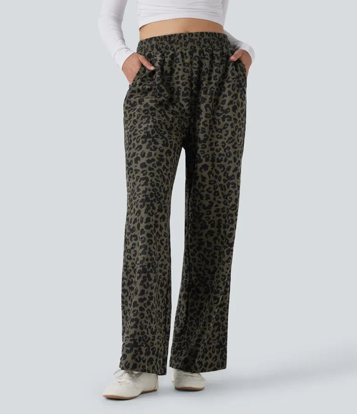 Leopard Print Pants Women Corduroy Baggy Wide Leg Trousers