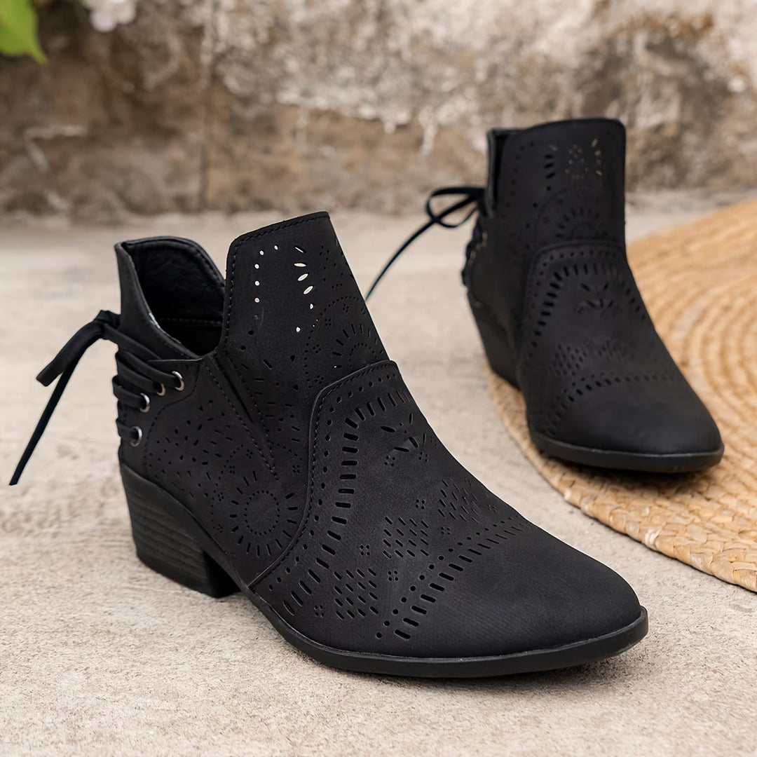 Women's Vintage Cutout Ankle Boots - Low Block Heel Western Booties