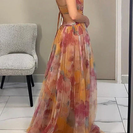 Faye™ | Elegant Printed Lace-Up Maxi Dress