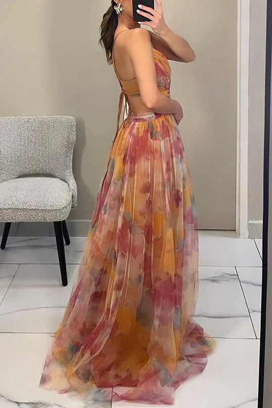 Faye™ | Elegant Printed Lace-Up Maxi Dress