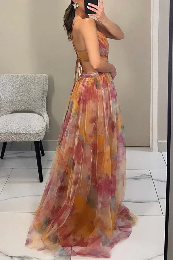 Faye | Elegant Printed Lace-Up Maxi Dress-HighTouch