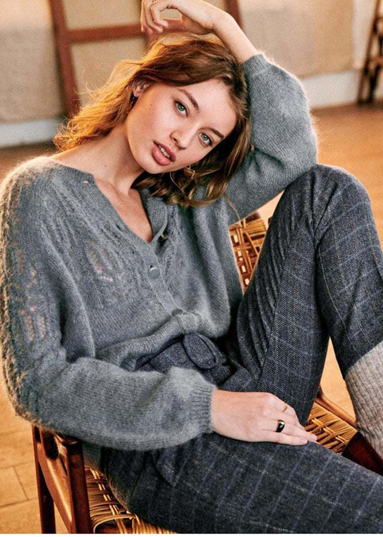Hollow Crochet Round Neck Button White Sweater-HighTouch