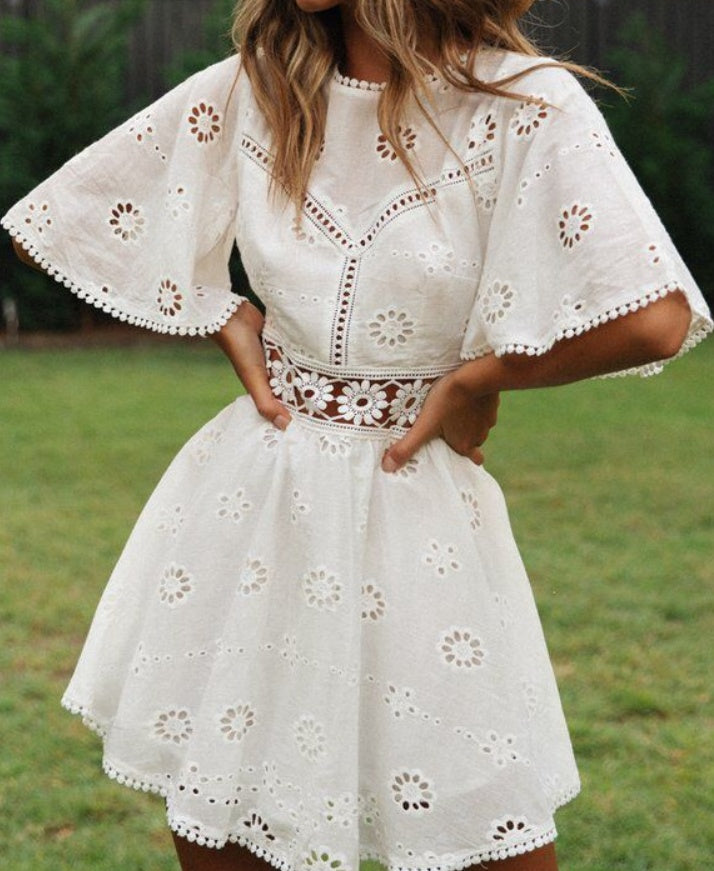 Lace Patchwork Cotton Dress | Hook Flower Hollow Princess Midi Dress-HighTouch
