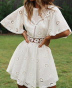 Lace Patchwork Cotton Dress | Hook Flower Hollow Princess Midi Dress-HighTouch